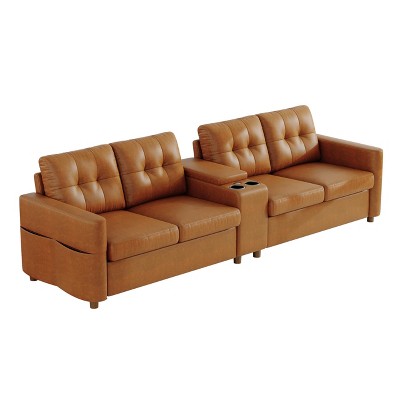 Jojoka 4-Seater Sectional Sofa with Storage Console, Cup Holders & Charging Station for Small Spaces
