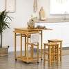HOMCOM 3-Piece Drop-Leaf Breakfast Cart Table/Chair Set & Kitchen Island with Seating, Rolling Kitchen Cart on Wheels with 2 Storage Drawers, Brown - 3 of 4