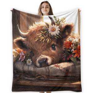 Highland Cow Fleece Throw Blanket 50X60, Cozy Farmhouse Flannel Decor for Couch Bedroom - 1 of 4