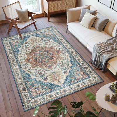 Gertmenian Blue Multi Traditional Medallion Washable Area Rug 5' x 7'