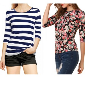 Allegra K Women's Elbow Sleeves Round Neck Slim Fit T-Shirt 2 Packs - 1 of 4