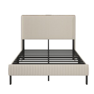 SEVOBAL Beds, Full Size Metal Platform Bed with Charging Station and Storage Headboard for Modern Bedroom, Beige, 57.28"*16.34"*7.28" - 1 of 4
