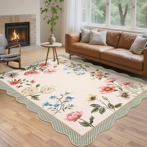 Floral Rugs for Living Room Bedroom Soft Washable Rug Scalloped Edge Plaid Pattern Area Rug Non-Slip Low Pile Rug - 1 of 4