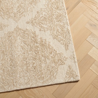 Ivory and Beige Hand Tufted Wool Damask Rug