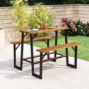 Costway Patio Picnic Table Bench Set with Acacia Wood Tabletop Benchtop Built-in Footrests - 1 of 4