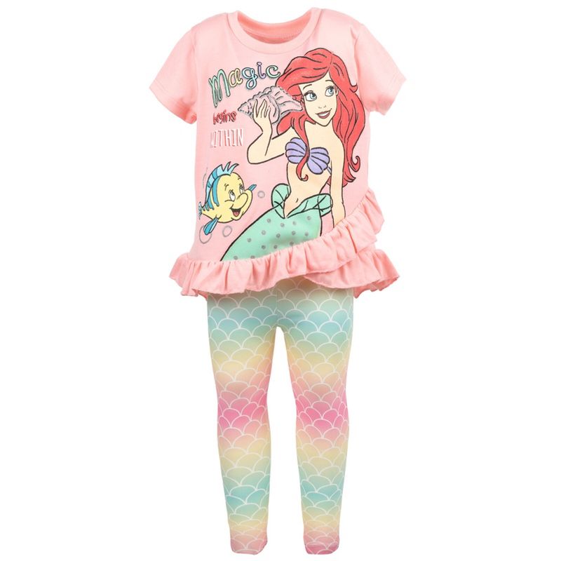 Disney Frozen Princess Moana Little Mermaid Floral Girls T-Shirt and Leggings Outfit Set Toddler to Big Kid, 3 of 9