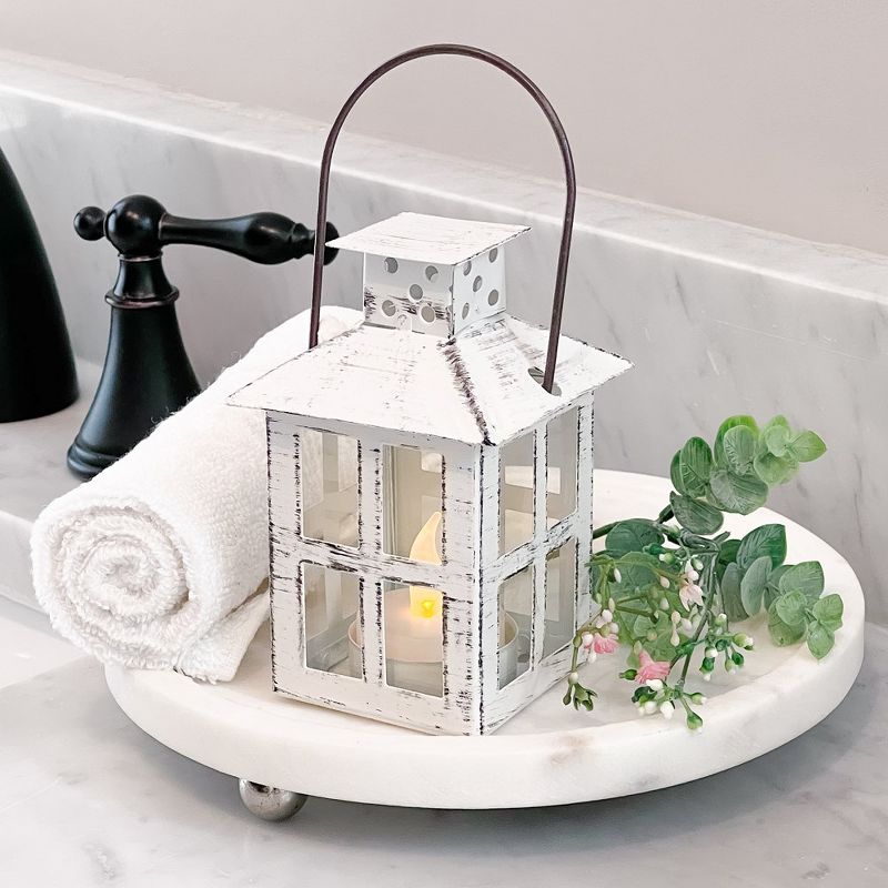 Small Vintage White Distressed Metal Candle Lantern