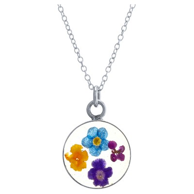 Women's Sterling Silver Pressed Flowers Small Round Chain Pendant (18")