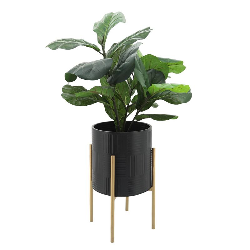 Sagebrook Home 14&#34; Wide 2pc Planter Pot with Lines on Metal Stand Black/Gold, 3 of 8