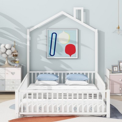 Whisen Metal House Platform Bed with Guardrail and Chimney