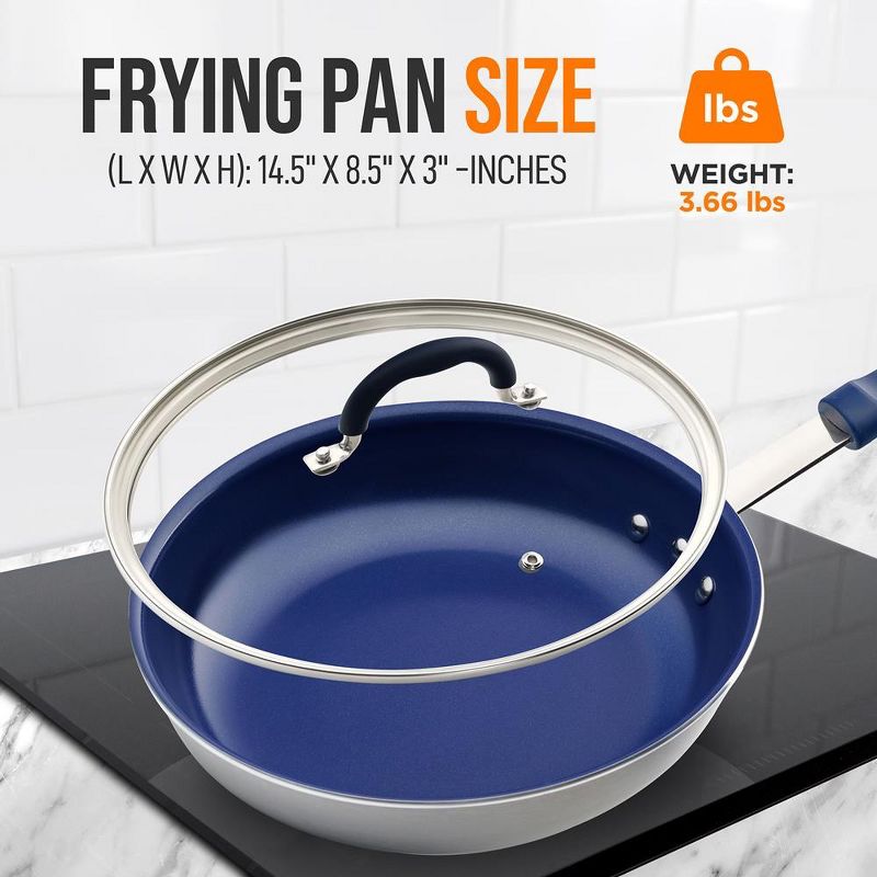 NutriChef 8" Fry Pan With Lid - Small Skillet Nonstick Frying Pan With Lid, Silicone Handle, Ceramic Coating, Blue Silicone Handle, 2 of 4