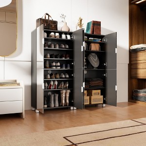 ORRD 50" Shoe Cabinet with 4 Mirror Doors, Holds 24-32 Pairs, Adjustable Shelves & Ventilation, Entryway Storage for Hallway, Black - 1 of 4