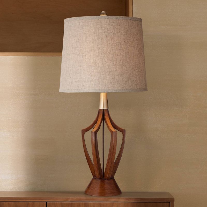 360 Lighting St. Claire Modern Mid Century Table Lamp 30 3/4" Tall Wood Open Vase Taupe Drum Shade for Bedroom Living Room Bedside Nightstand Office, 2 of 10