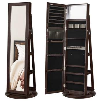 SONGMICS Mirror Jewelry Cabinet Organizer 360° Rotating Jewelry Armoire Storage Box w/ Full Length Mirror for Female