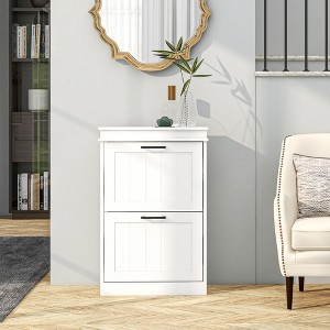 Vynxaria Modern Narrow Shoe Cabinet with 2 Flip Drawers and Adjustable Shelves - White, 21.25"W x 9.5"D x 32.5"H - 1 of 4