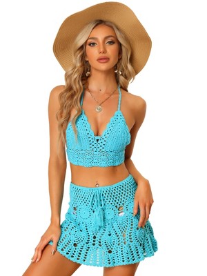 Women Rib Knitted Beachwear Skirt Two Piece Set Solid Short Sleeve