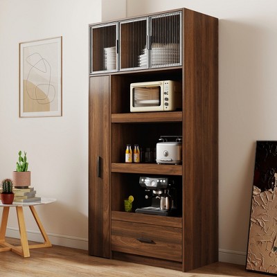 PDTEND 70.87" Freestanding Kitchen Pantry Cabinet with Pull-Out Multi-Tier Storage, Large Drawer, Aluminum Frame Glass Door - Walnut