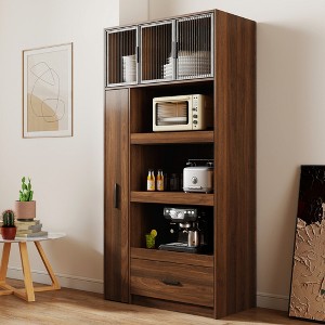 PDTEND 70.87" Freestanding Kitchen Pantry Cabinet with Pull-Out Multi-Tier Storage, Large Drawer, Aluminum Frame Glass Door - Walnut - 1 of 4