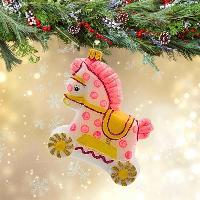 Hand-Painted Pink and Gold Glass Rocking Horse Ornament