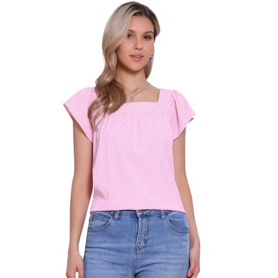 INSPIRE CHIC Women's Summer Square Neck Gingham Cap Sleeve Blouses