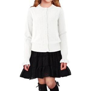 Girls Long Sleeve Cardigan Sweater Crew Neck Uniform Knit Sweater Button Down Ruffle - 1 of 4