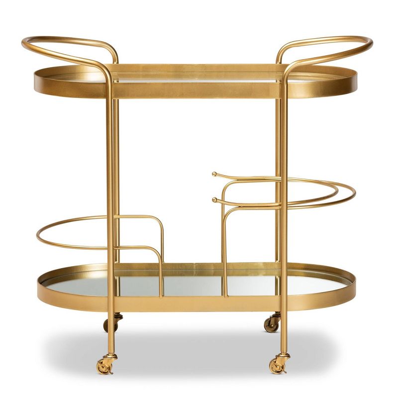 Kamal Glam Brushed Metal and Mirrored Glass 2 Tier Mobile Wine Bar Cart Gold - Baxton Studio, 3 of 18