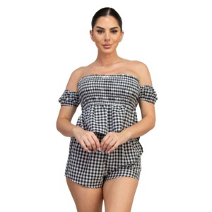 Slickblue Smock Gingham Top & Mini Short Set, Off-Shoulder Fit, Co-ord Outfit, Vacation Wear, Black/Blush, Size S-L - 1 of 4