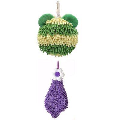 REGALWOVEN Soft Absorbent Cute Fuzzy Hanging Decorative Bathroom Chenille Hand Towel 6" x 15"/7" x 7" 2 Packs