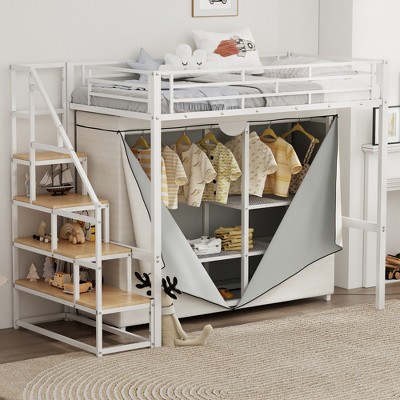 Twin/Full Size Metal Loft Bed with Wardrobe and Storage Shelves, White - ModernLuxe