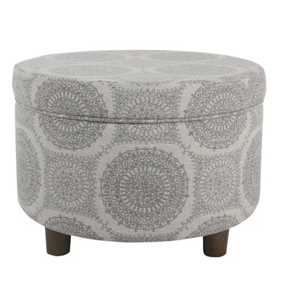 Wooden Ottoman with Medallion Patterned Fabric Upholstery and Hidden Storage Gray - Benzara