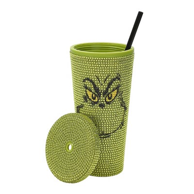 The Grinch Big Face 24 Oz Green Rhinestone-Studded Tumbler Plastic Cup