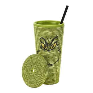 The Grinch Big Face 24 Oz Green Rhinestone-Studded Tumbler Plastic Cup - 1 of 4