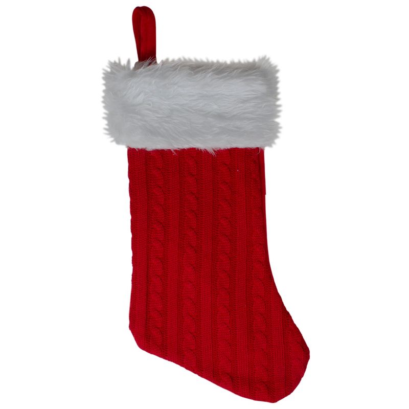 Northlight 19" Red and White Cable Knit Christmas Stocking with Fur Cuff, 1 of 7