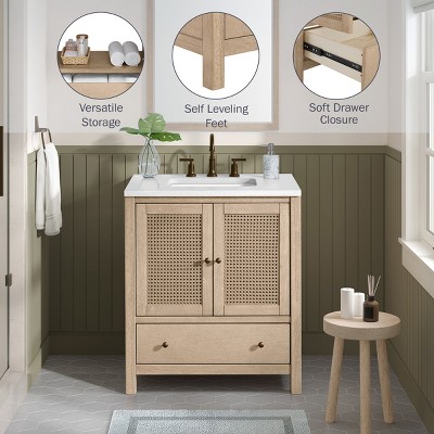 Natural Rubber Wood Freestanding Bathroom Vanity with Rattan Doors