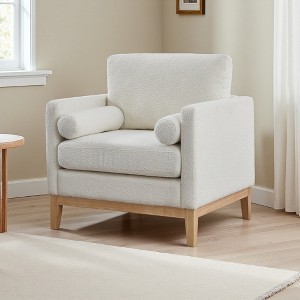 35.4" Boucle Wide Farmhouse Armchair with Wood Legs and Bolster Pillows - 1 of 3