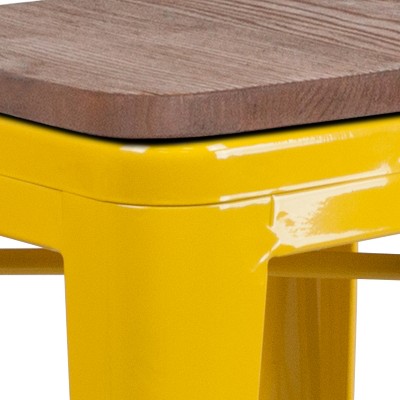 Yellow Backless Metal Dining Stool with Wooden Seat, 25"