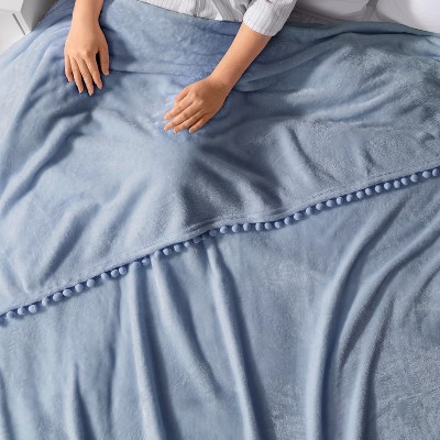 Cozy Dusty Blue Fleece Twin Throw with Pom Pom Fringe