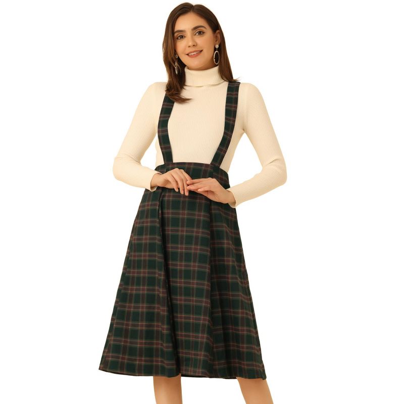 Allegra K Women's Vintage Plaid A-Line Tartan Suspender Midi Skirt, 1 of 5