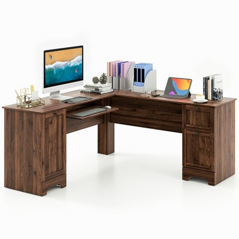 HOMCOM L Shaped Desk with Hutch Computer Desk with Drawers Home Office  Corner Desk Study Workstation Table with Storage Cabinets Shelves Coffee