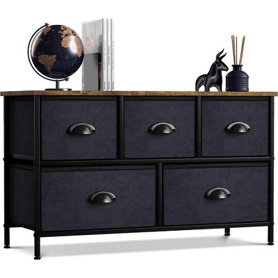 Medium Wood and Black Fabric 5-Drawer Storage Dresser