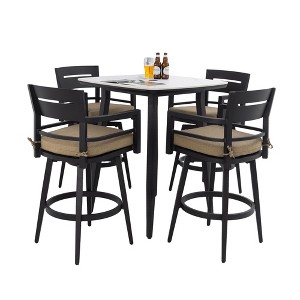 UNISOAR Modern 5PC Outdoor Patio Bar Set,Rounded Square Sintered Stone Table & 4 Swivel Bar Chairs,Non-Rust Aluminum Frame, Marble-Inspired Top - 1 of 4