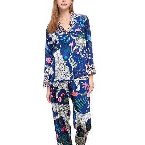 Anna-Kaci Lounge Women's Satin Leopard and Botanical Print Pajama Set with Button Up Long Sleeve Shirt and Relaxed Fit Pants - 1 of 4