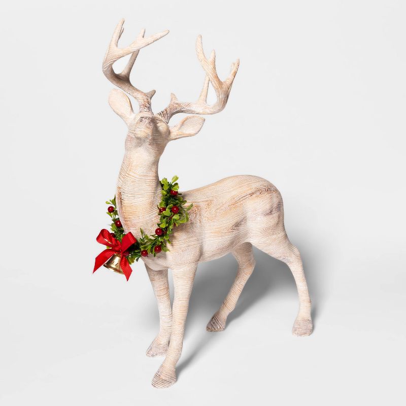 19.4&#34; x 7.1&#34; Wooden Standing Deer Figurine with Wreath Natural - Threshold&#8482;, 1 of 4