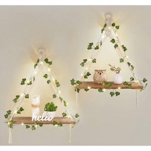 Aoibox Set of 2 Macrame Hanging Shelves with LED Lights and Artificial Ivy for Wall Decor, White Wood Floating Shelf - 1 of 4