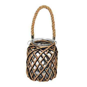 Vickerman 8.5" Glass Jar in Woven Jute Handle. It features a combination of natural and black jute rope woven in a diamond pattern. It featues a