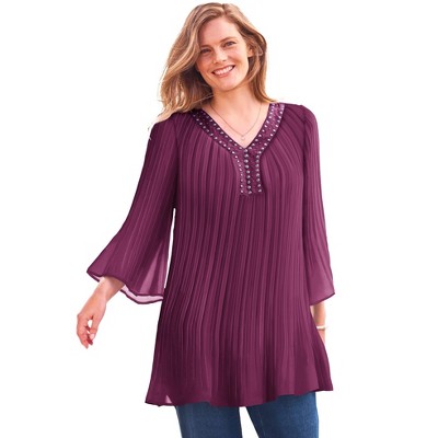 Woman Within Plus Size Embellished Pleated Blouse