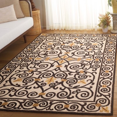 Ivory and Dark Brown Hand-Hooked Wool Area Rug