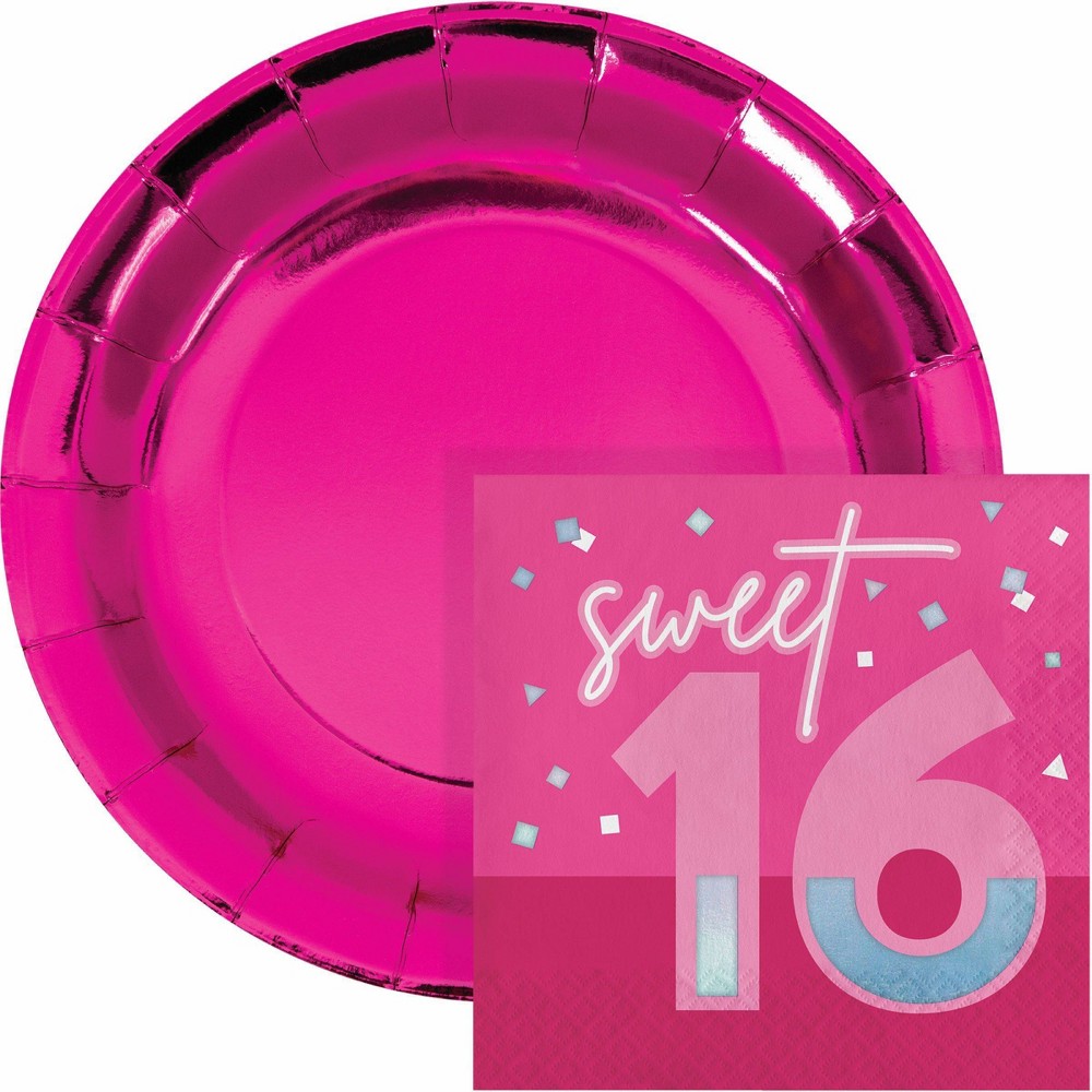Creative Converting Hot Pink Foil 16th Birthday Plates and Napkins Set 16ct