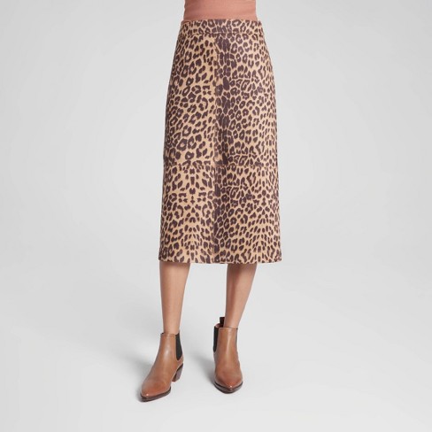 Women s Faux Suede Midi A line Skirt A New Day Brown Leopard Print Xl Target