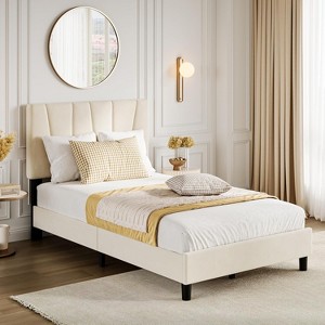 Homhougo Twin Size Bed Frame with Adjustable Headboard, Linen Upholstered Twin Platform Bedframe with Strong Wooden Slats, Easy Assembly, Grey - 1 of 4